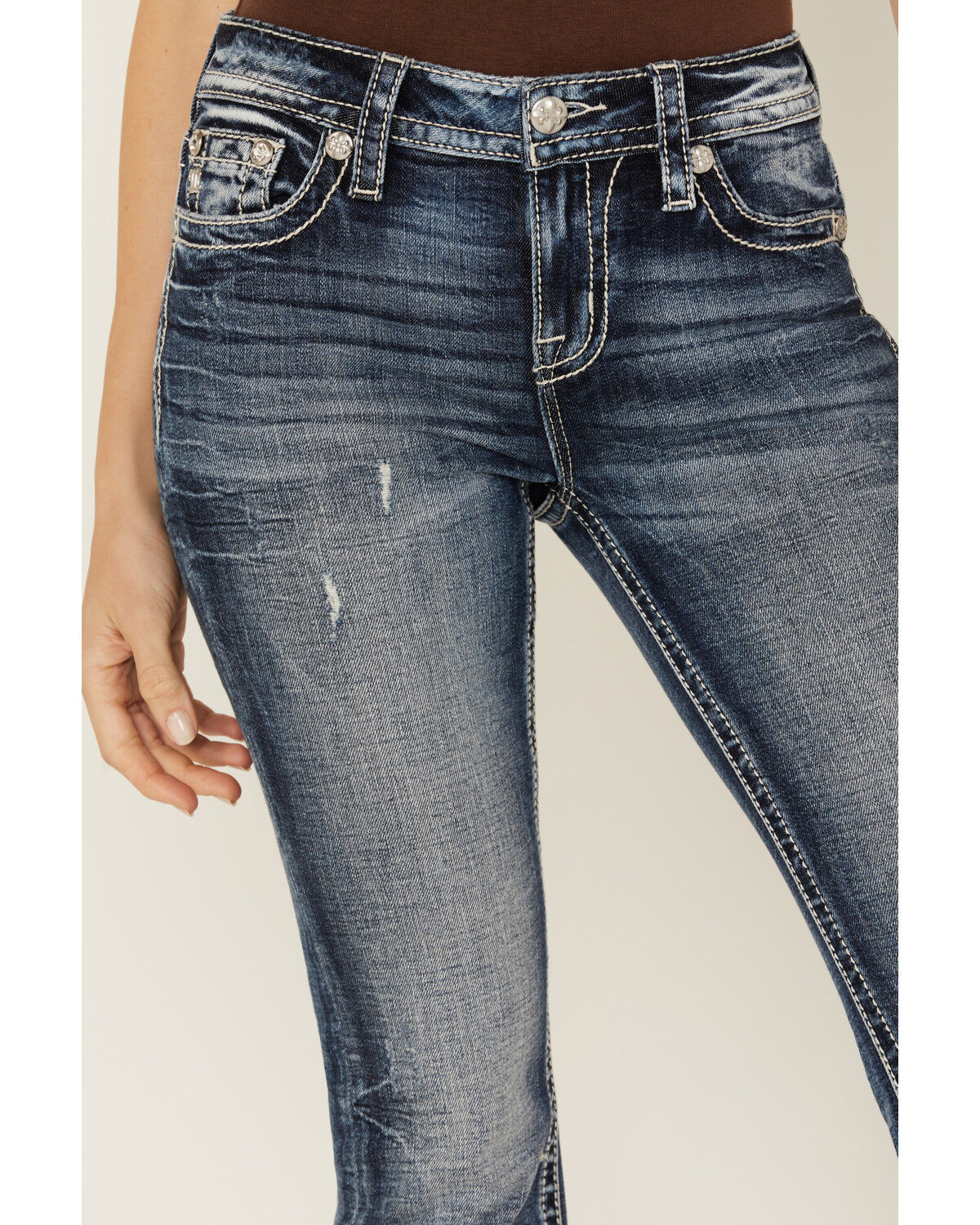 Image #4 - Miss Me Women's Dark Wash Mid Rise Faux Flap Pocket Bootcut Stretch Denim Jeans, Dark Wash, hi-res