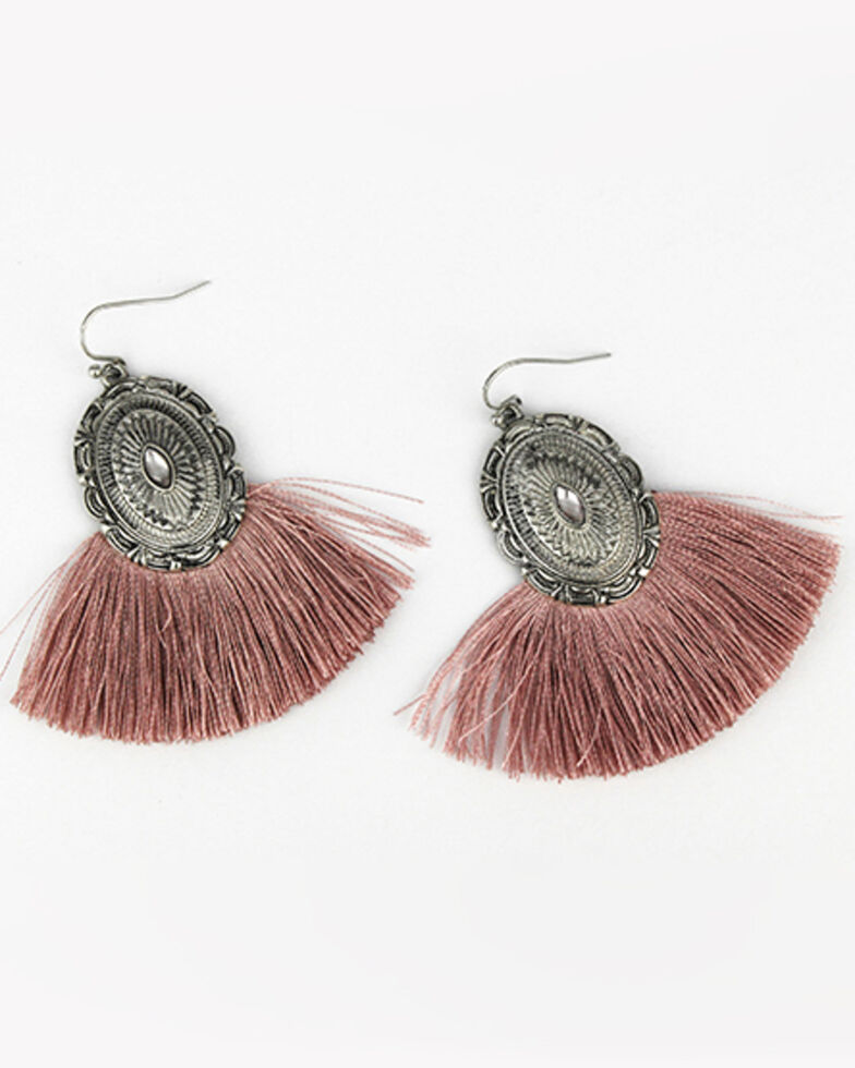 Prime Time Jewelry Women's Silver Concho & Pink Fringe Earrings, Silver, hi-res