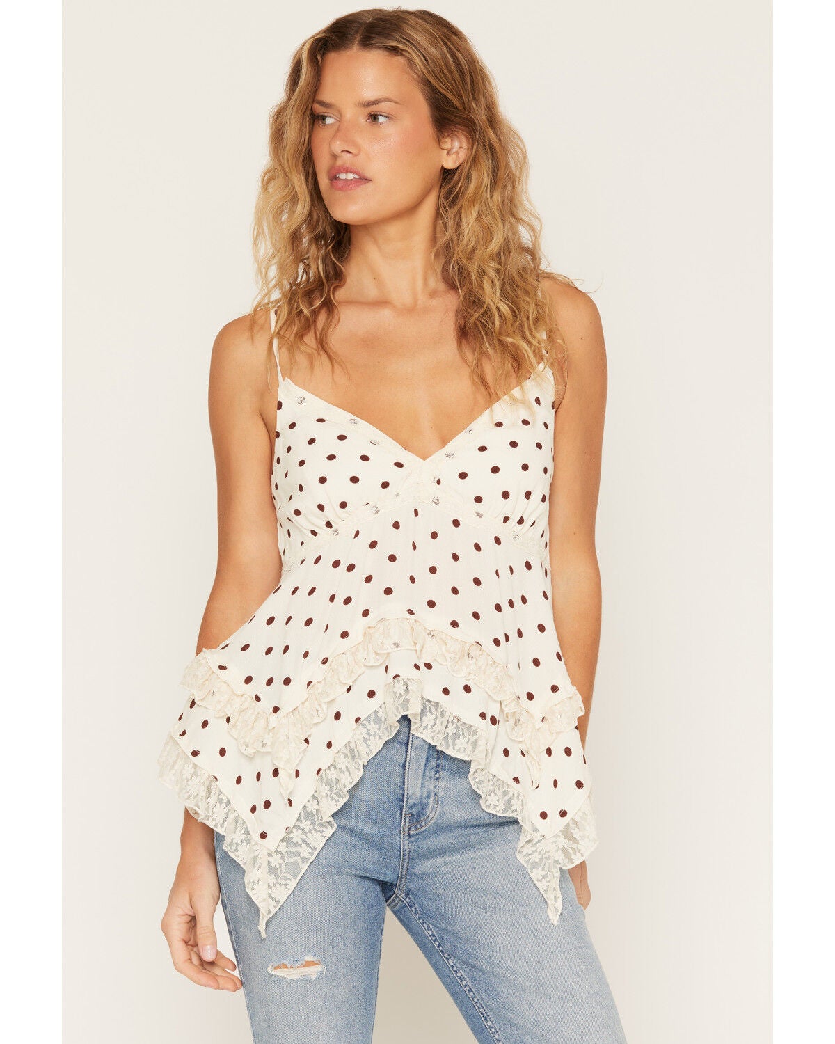 Image #1 - Wild Moss Women's Polka Dot Lace Hanky Hem Sleeveless Top, Ivory, hi-res