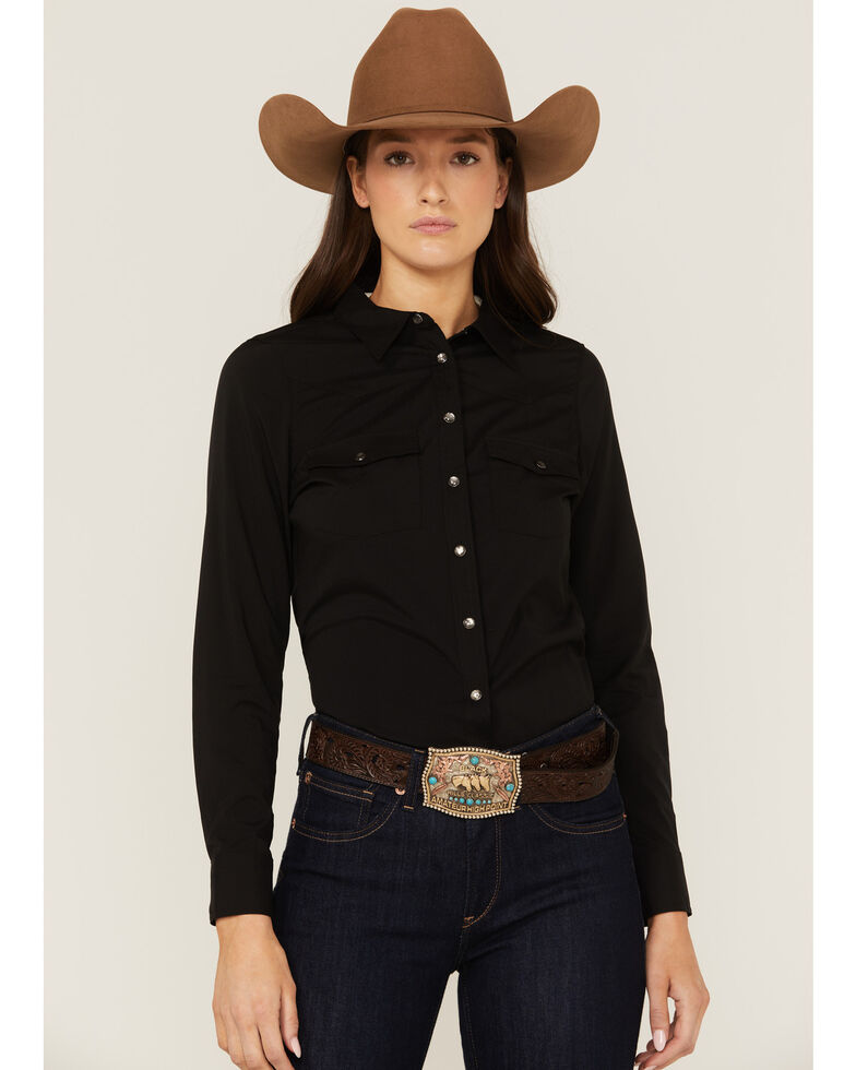 Rank 45 Women's Outdoor Vented York Riding Long Sleeve Snap Shirt, Black, hi-res