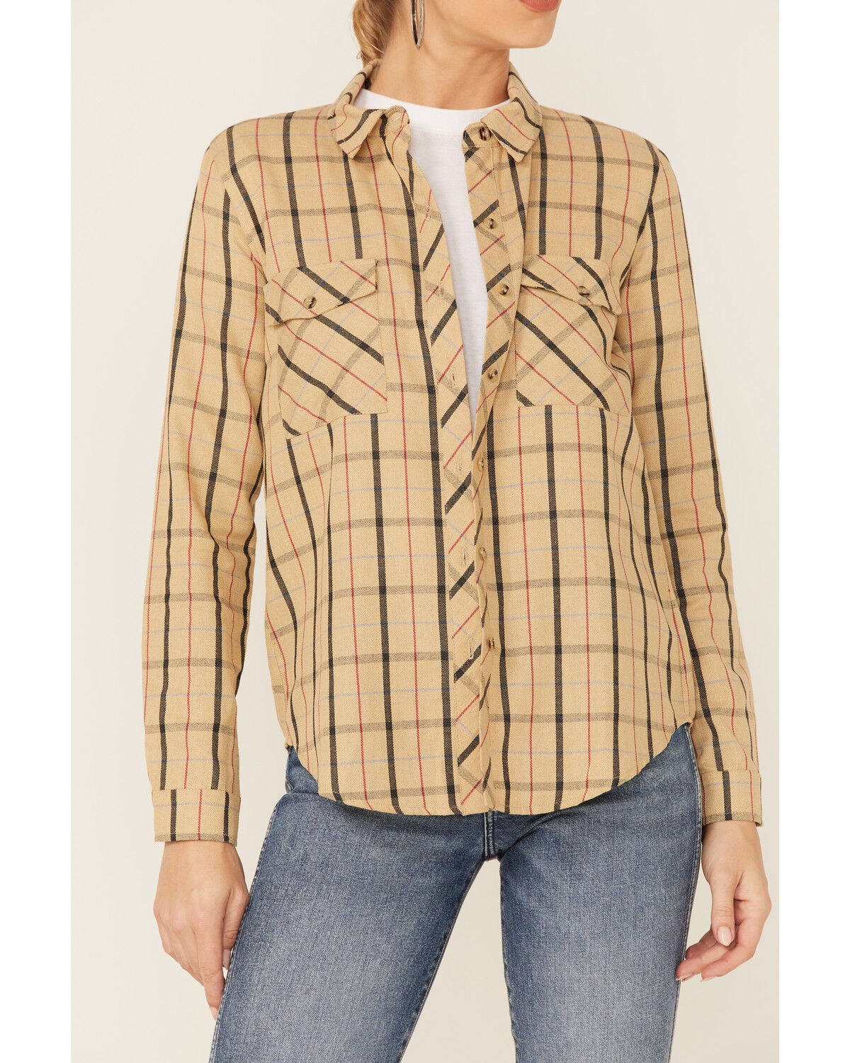 Image #2 - Wild Moss Women's Plaid Boyfriend Long Sleeve Woven Flannel Shirt, Tan, hi-res