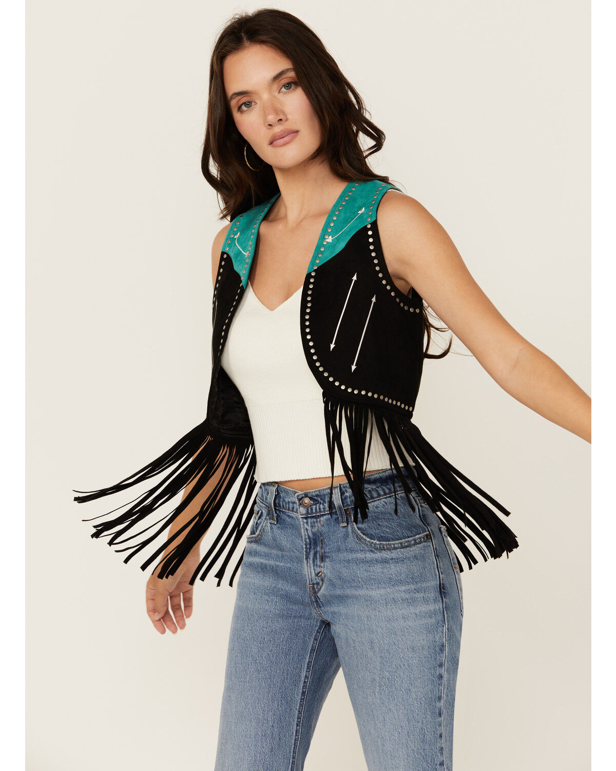 Image #1 - Rock & Roll Denim Women's Fringe Vest, Black, hi-res