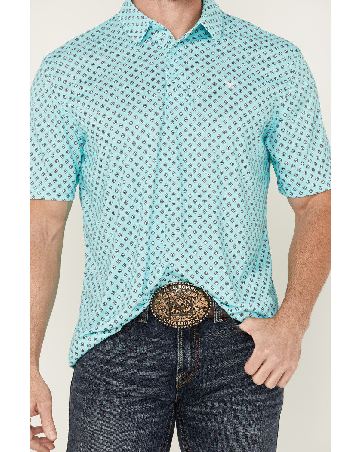 Image #3 - Ariat Men's Geo Print Short Sleeve Button-Down Performance Polo, Aqua, hi-res