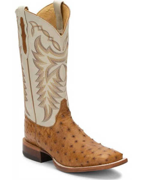 Image #1 - Justin Men's Pascoe Full-Quill Ostrich Western Boots - Broad Square Toe, Brown, hi-res