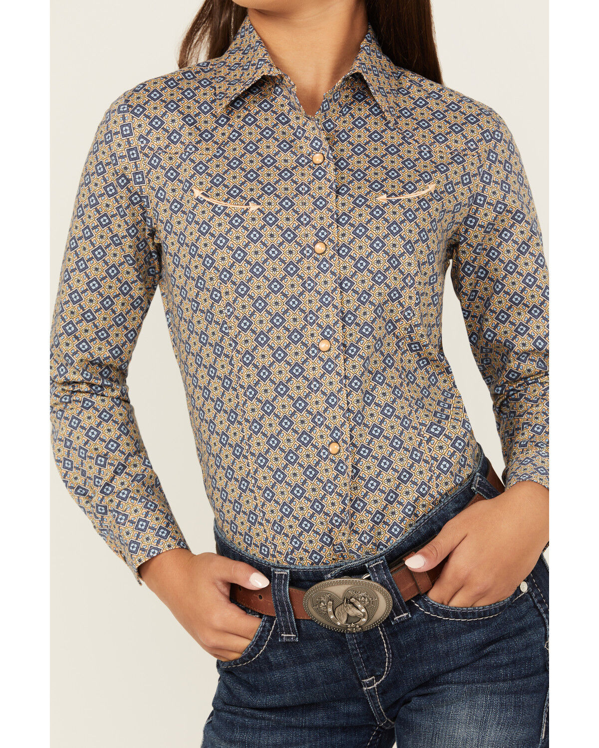 Image #3 - Cruel Girl Girls' Geo Print Long Sleeve Snap Western Shirt, Orange, hi-res