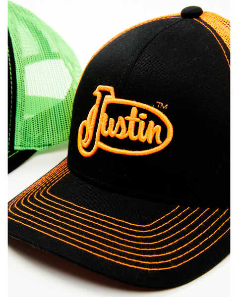Image #2 - Justin Men's Assorted Embroidered Neon Logo Mesh Back Trucker Cap, Multi, hi-res