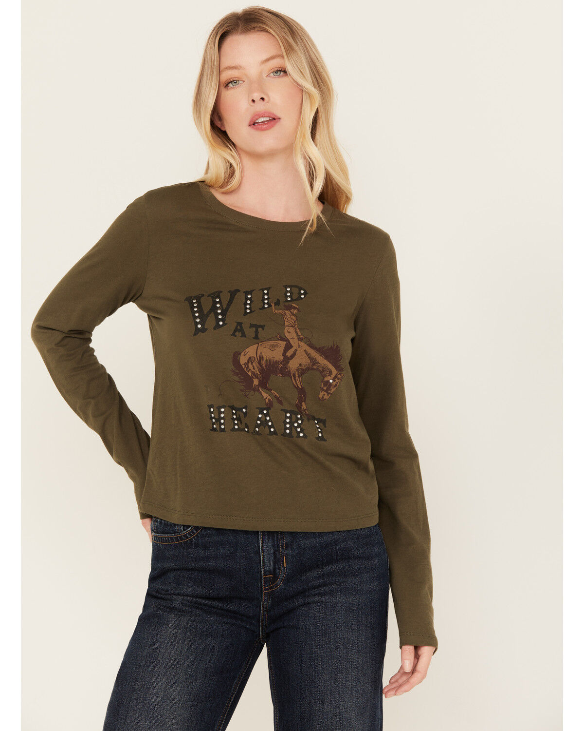 Image #1 - White Crow Women's Wild Heart Studded Long Sleeve Graphic Tee, Olive, hi-res