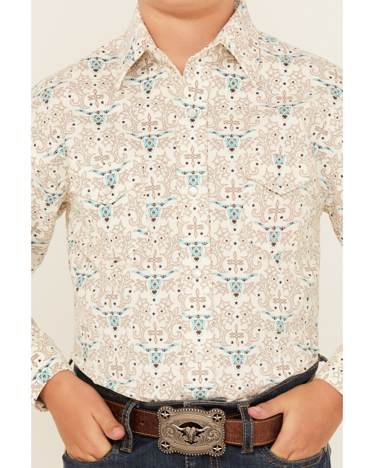 Image #3 - Rough Stock by Panhandle Boys' Steer Head Printed Long Sleeve Pearl Snap Western Shirt, Tan, hi-res