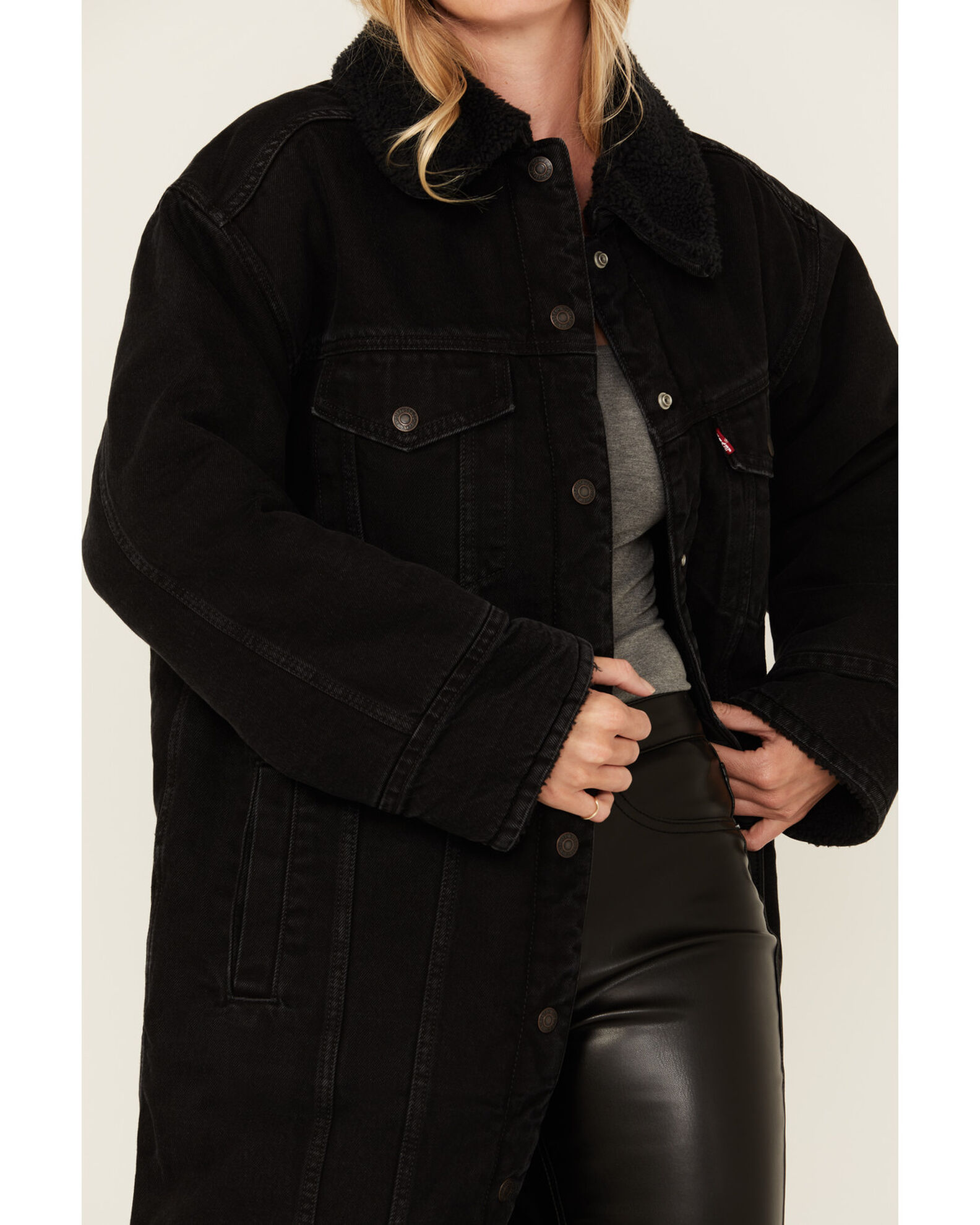 Womens longline black denim jacket best sale
