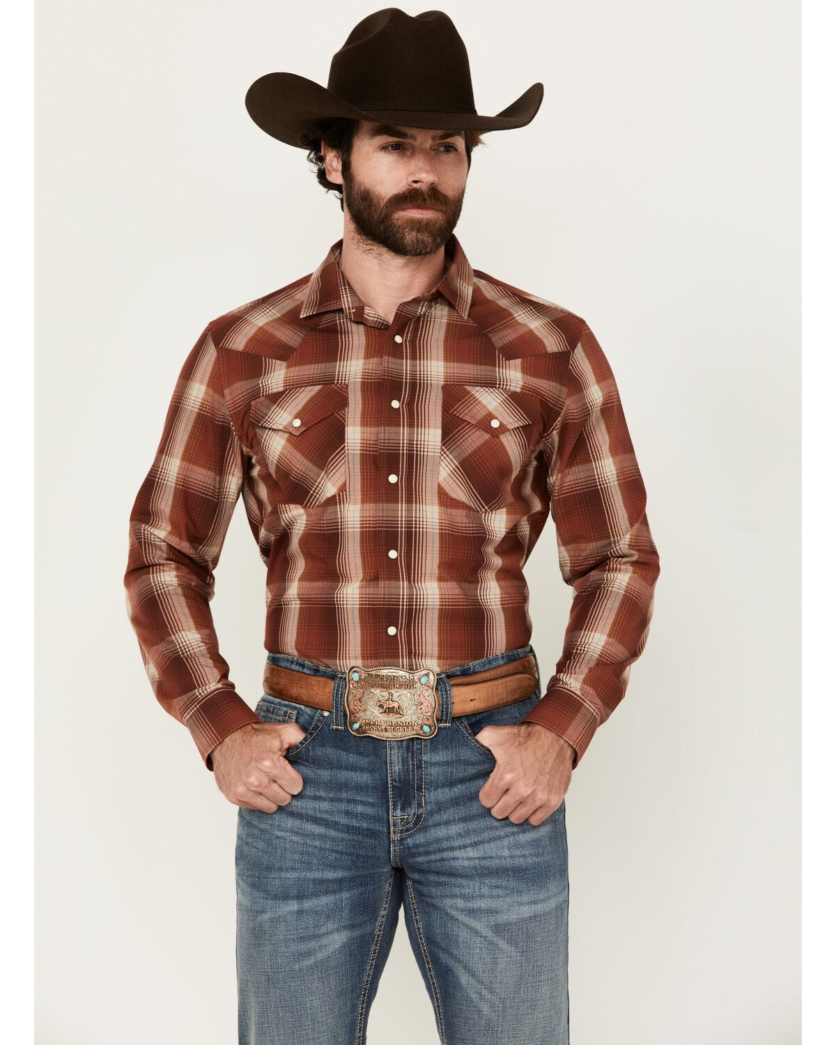 Pendleton Men's Frontier Plaid Print Long Sleeve Snap Western Shirt, Red, hi-res