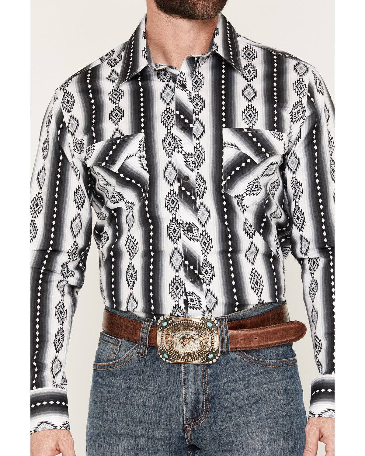 Image #3 - Rock & Roll Denim Men's Southwestern Print Long Sleeve Snap Stretch Western Shirt, Black, hi-res