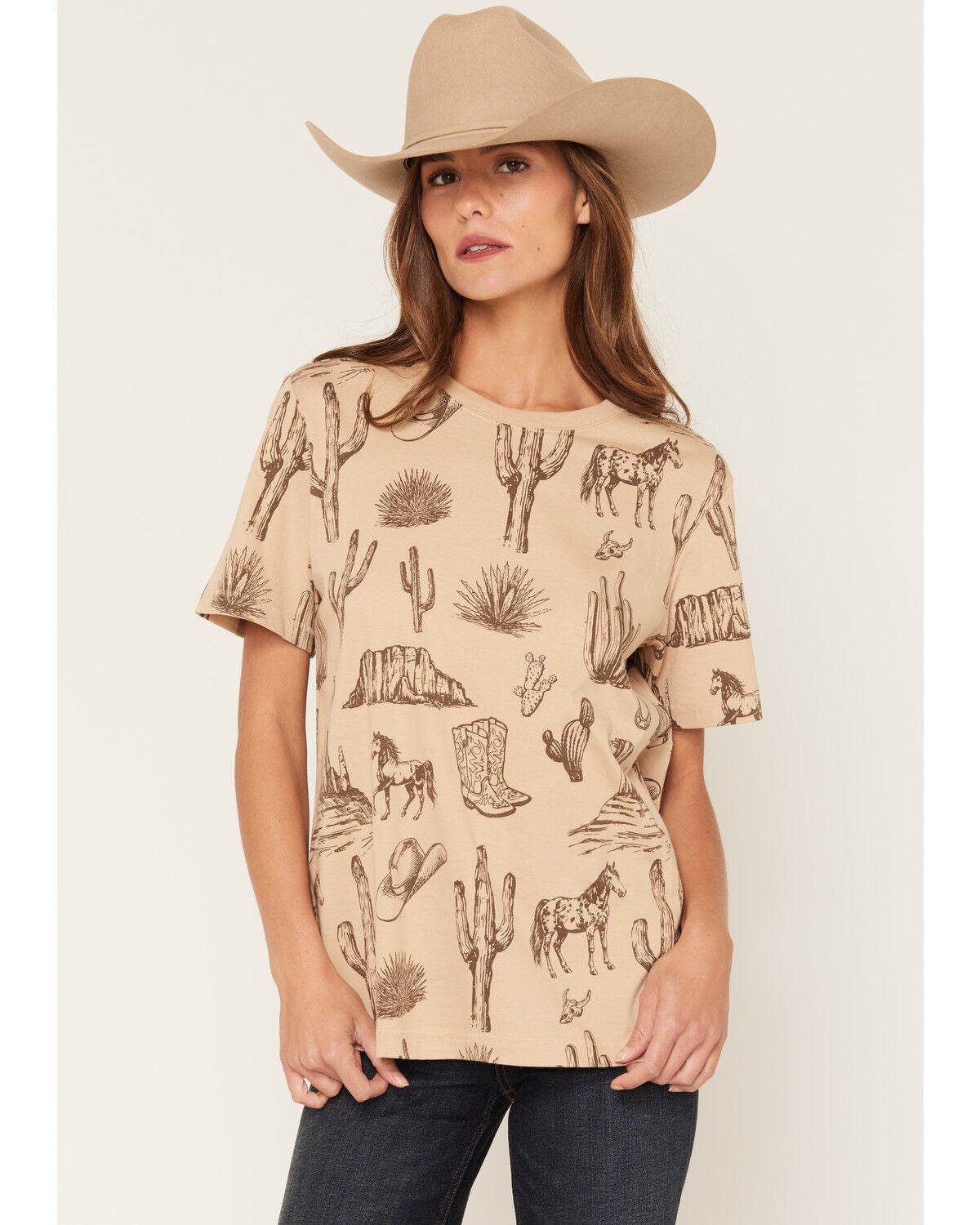 Image #1 - Shyanne Women's Highland Scattered Conversation Print Short Sleeve Boyfriend Graphic Tee, Khaki, hi-res
