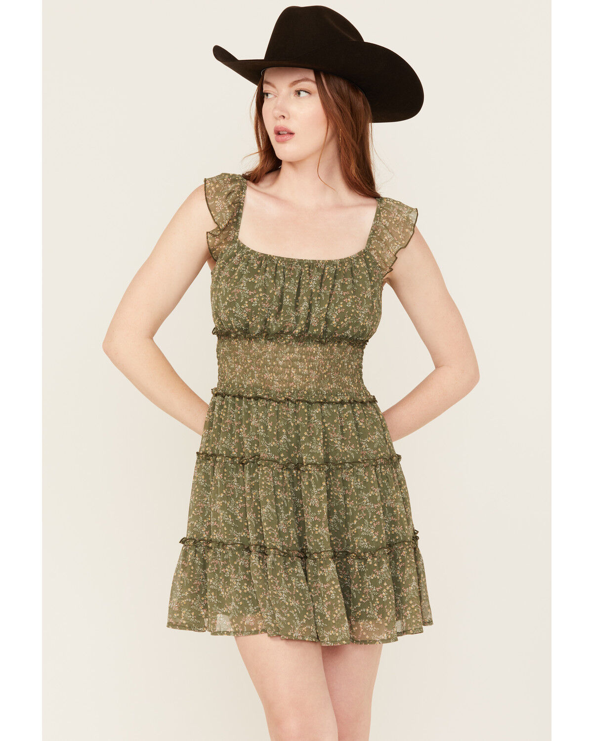 Image #1 - Trixxi Women's Floral Print Sleeveless Mini Dress, Olive, hi-res