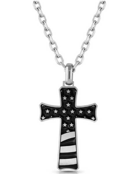 Montana Silversmiths Men's Inspirational Patriotism Cross Necklace, Black/white, hi-res