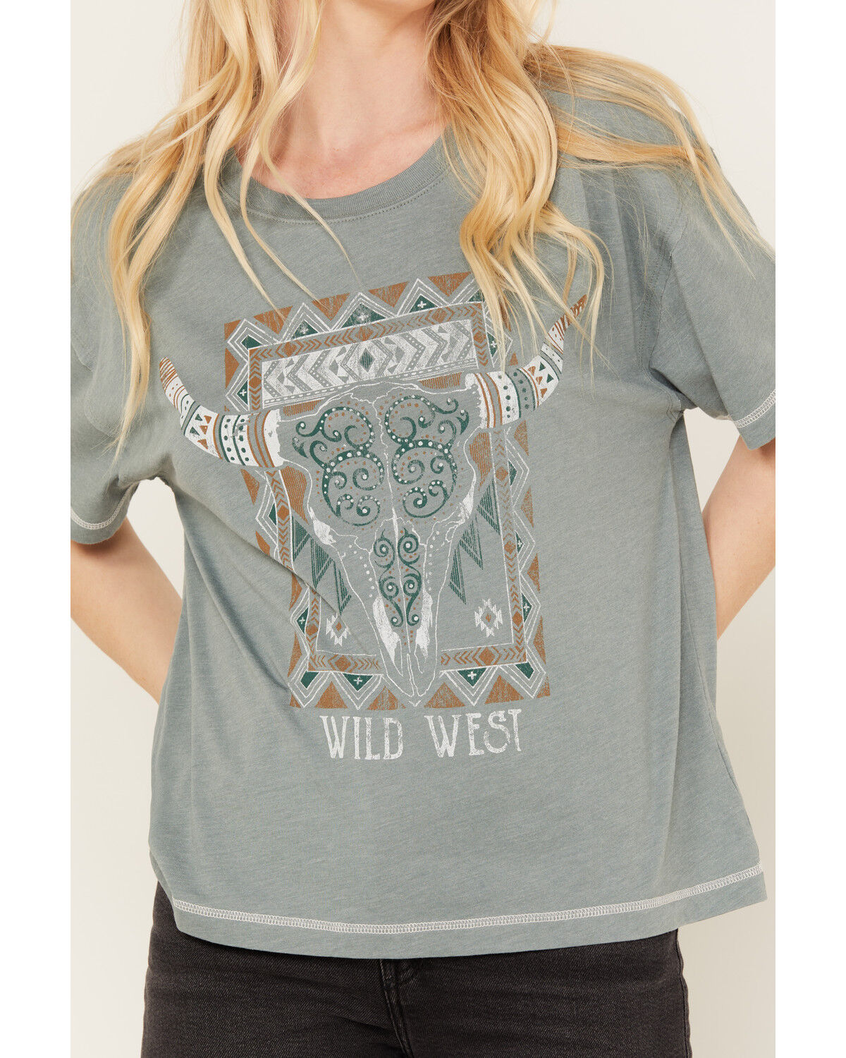 Image #3 - White Crow Women's Wild West Steer Head Skull Short Sleeve Graphic Tee, Teal, hi-res