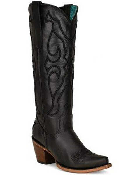 Image #1 - Corral Women's Matching Stitch Pattern & Inlay Tall Western Boots - Snip Toe, Black, hi-res