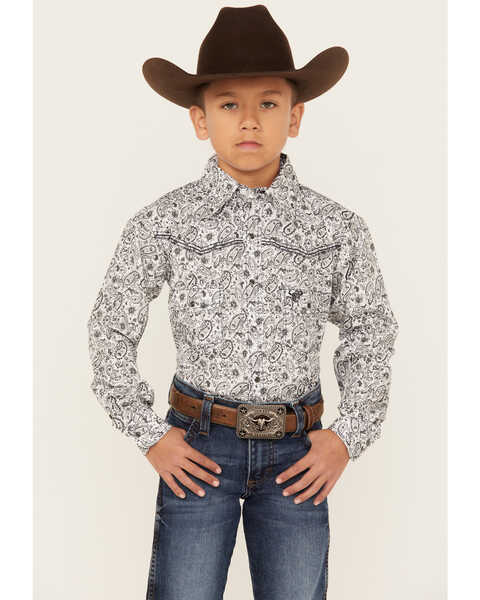 Image #1 - Cowboy Hardware Boys' Range Floral Print Long Sleeve Pearl Snap Western Shirt , White, hi-res