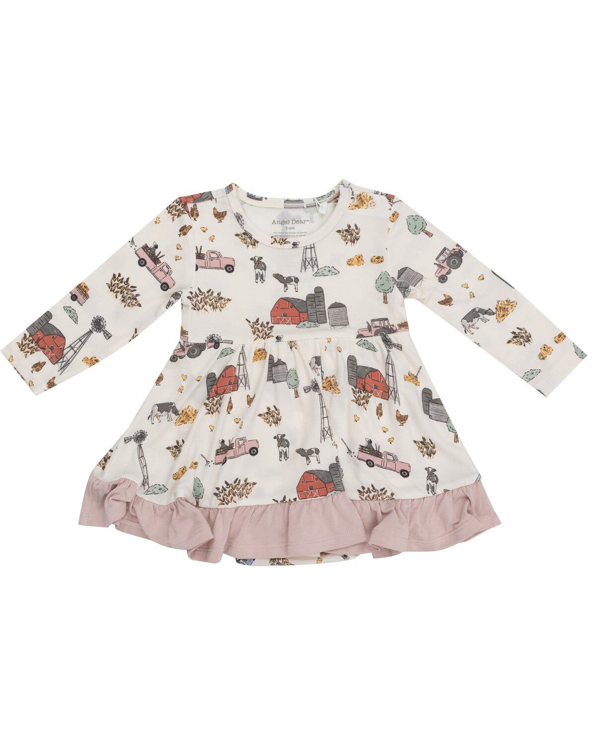 Image #1 - Angel Dear Infant Girls' Farm Print Long Sleeve Dress, Ivory, hi-res