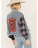 Image #4 - Miss Me Women's Medium Wash Denim Plaid Crochet Back Cropped Jacket, Medium Wash, hi-res