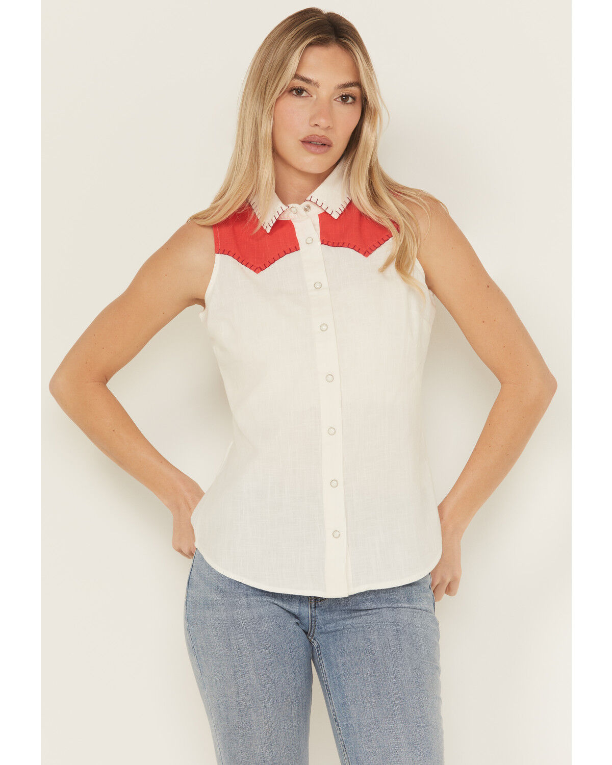 Image #2 - Idyllwind Women's Plainweave Contrast Yoke Sleeveless Snap Western Shirt, Ivory, hi-res