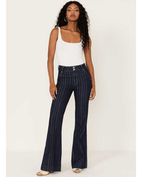 Rock & Roll Denim Women's Stripe Jacquard Dark Wash High Rise Flare Trouser Jeans, Blue, hi-res