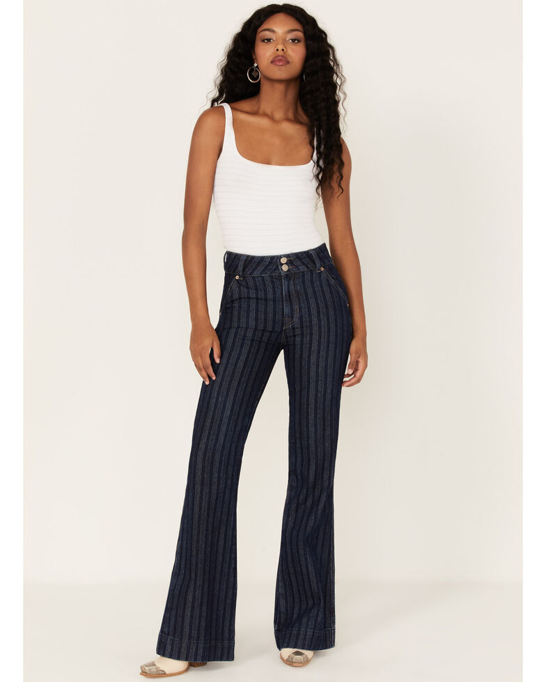 Rock & Roll Denim Women's Stripe Jacquard Dark Wash High-Rise Flare Trouser Jeans, Blue, hi-res