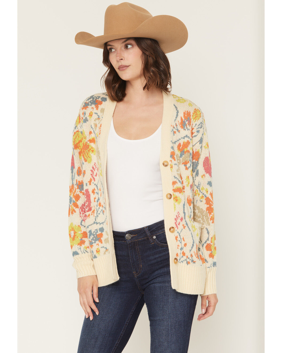 Image #1 - Cleo + Wolf Women's Floral Embroidered Button-Down Sweater, Sand, hi-res