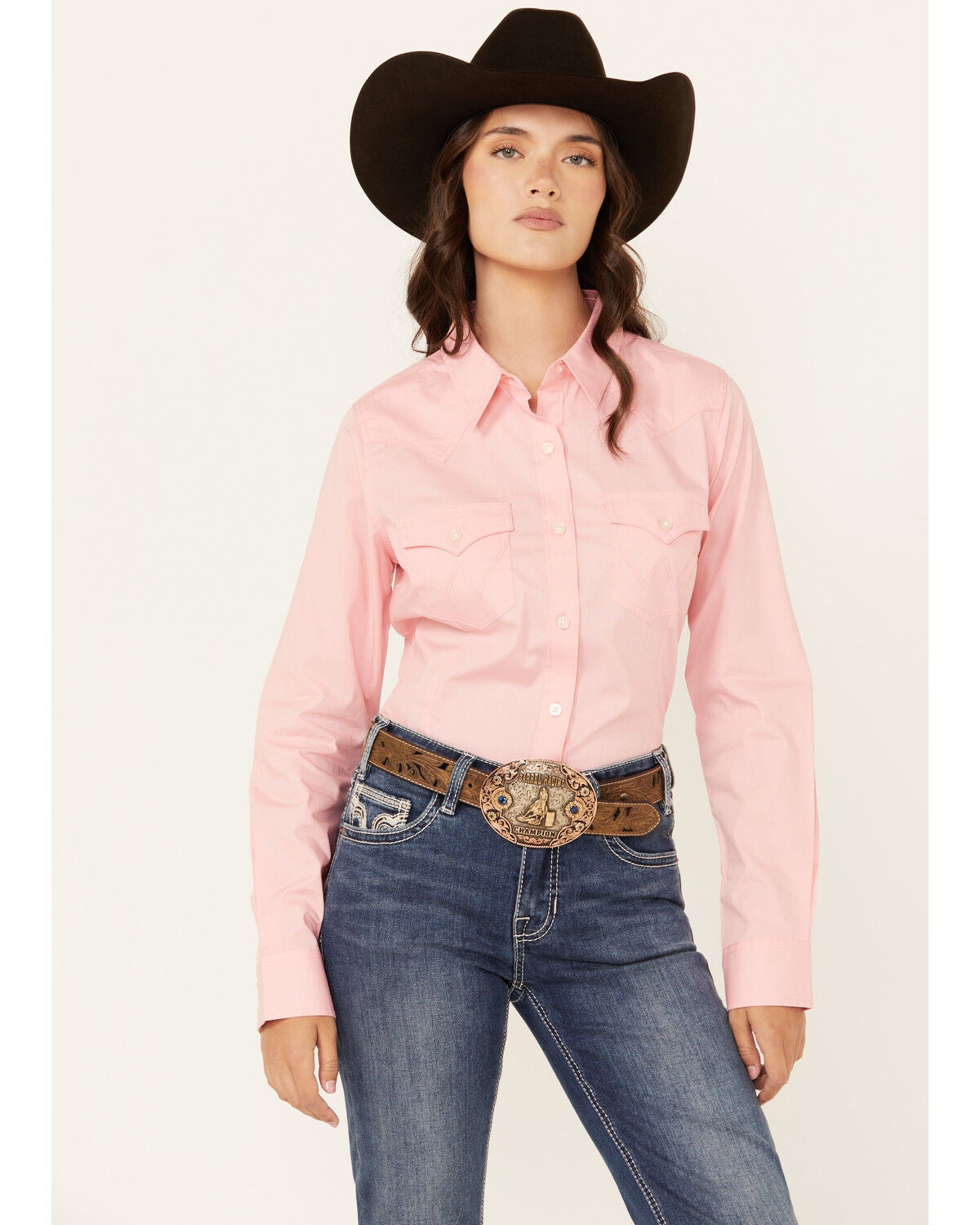 Wrangler Retro Women's Solid Long Sleeve Button-Down Stretch Western Shirt, Pink, hi-res