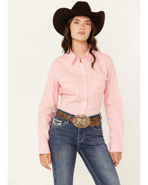 Wrangler Retro Women's Solid Long Sleeve Button-Down Stretch Western Shirt , Pink, hi-res
