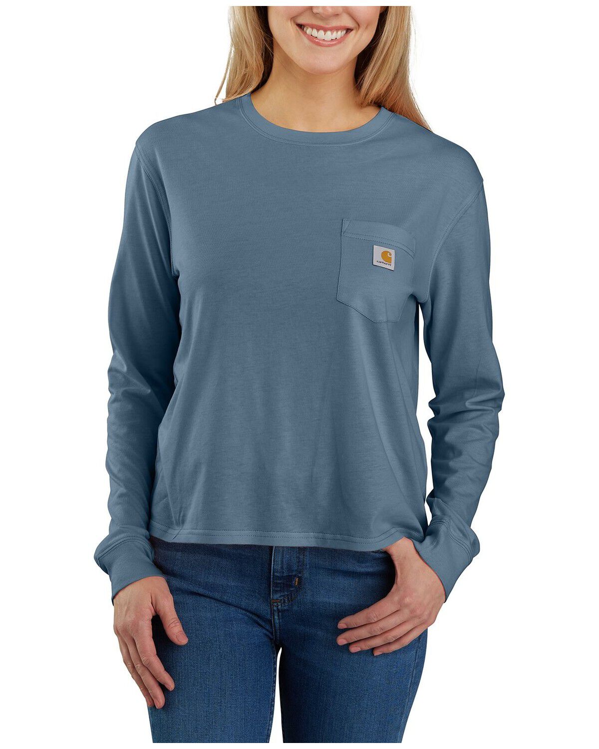 Image #1 - Carhartt Women's TENCEL™ Fiber Series Loose Fit Long Sleeve Graphic Pocket Tee, Light Blue, hi-res