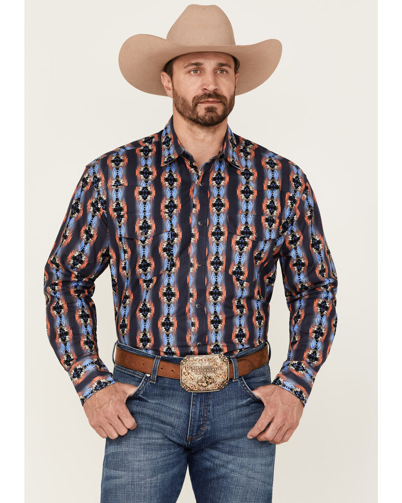 Wrangler Men's Checotah Vertical Southwestern Print Long Sleeve Snap Western Shirt - Big & Tall , Black, hi-res