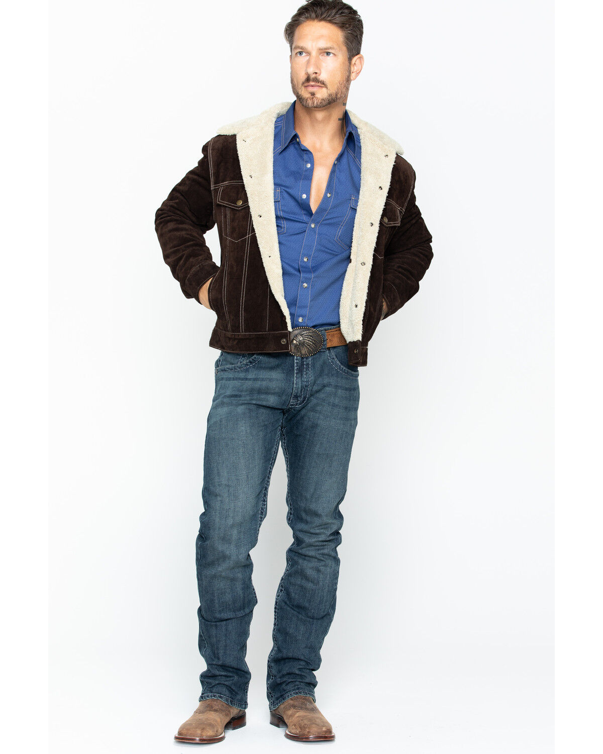 Image #7 - Scully Men's Sherpa Lined Boar Suede Jacket, Chocolate, hi-res