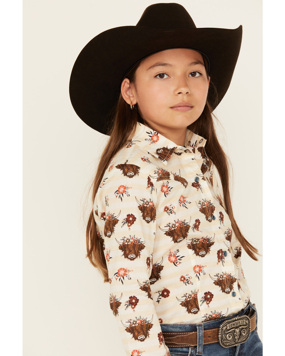 Image #2 - Cruel Girl Girls' Printed Long Sleeve Rhinestone Snap Western Shirt, Cream, hi-res