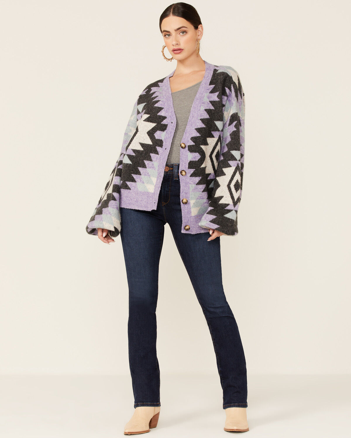 Image #4 - HyFve Women's Long Sleeve Lavender Geometric Print Button Down Cardigan , , hi-res