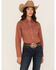 Image #1 - Ely Walker Women's Geo Print Long Sleeve Snap Stretch Western Shirt, Rust Copper, hi-res
