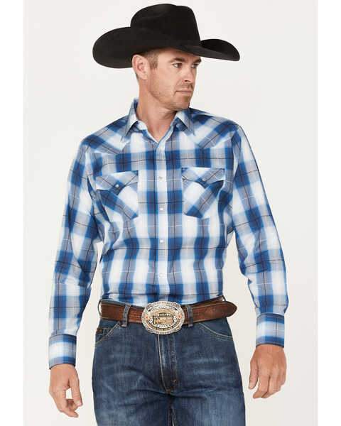 Image #2 - Ely Walker Men's Plaid Print Long Sleeve Pearl Snap Western Shirt, Blue, hi-res