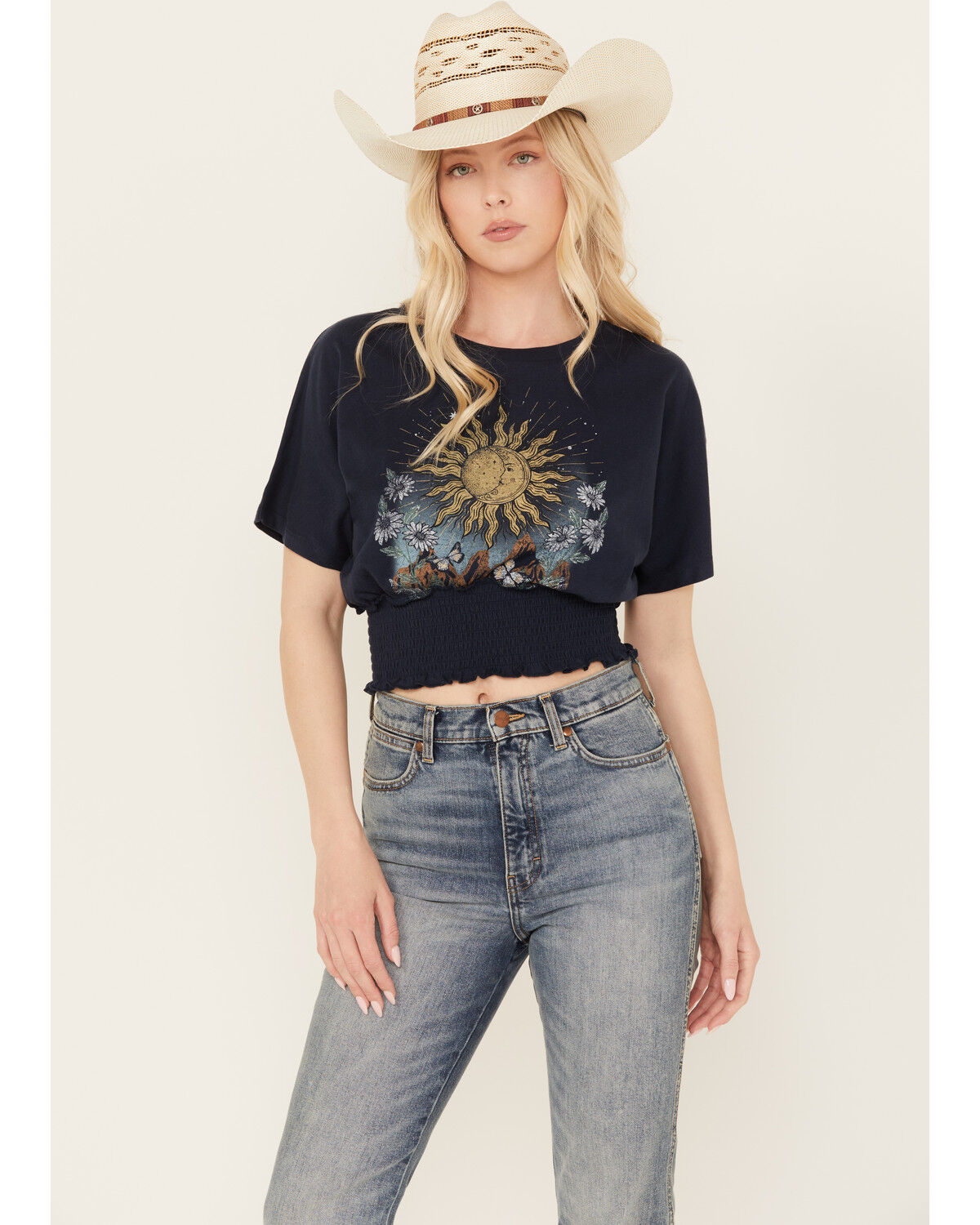 Image #1 - Cleo + Wolf Women's Sun & Moon Smocked Crop Top, Navy, hi-res