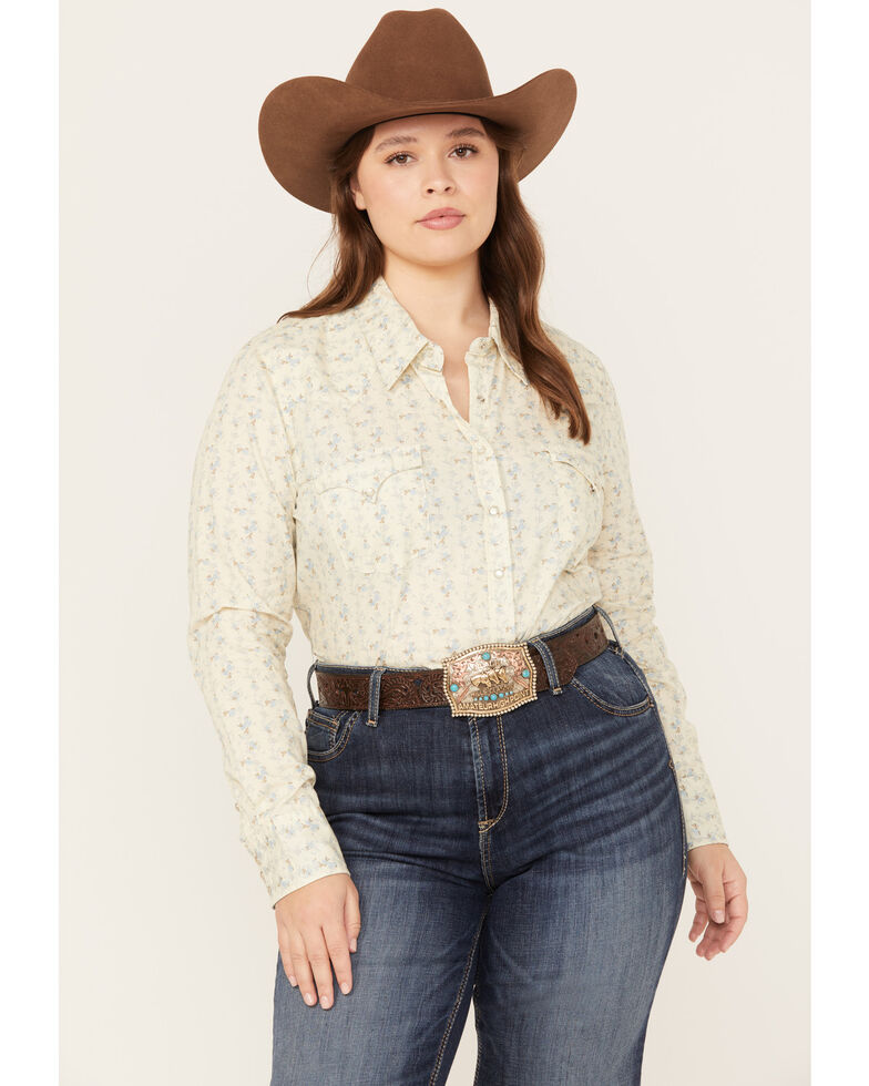Roper Women's Floral Print Long Sleeve Snap Western Shirt - Plus, Cream, hi-res