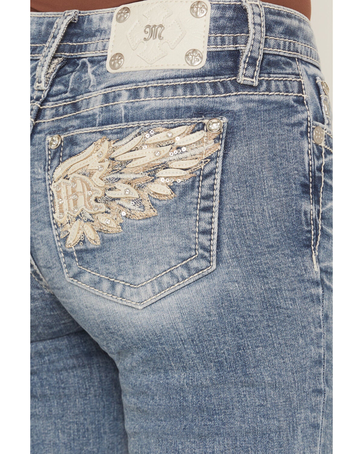 Image #2 - Miss Me Women's Medium Wash Mid Rise Logo Pocket Bootcut Stretch Denim Jeans, Medium Wash, hi-res