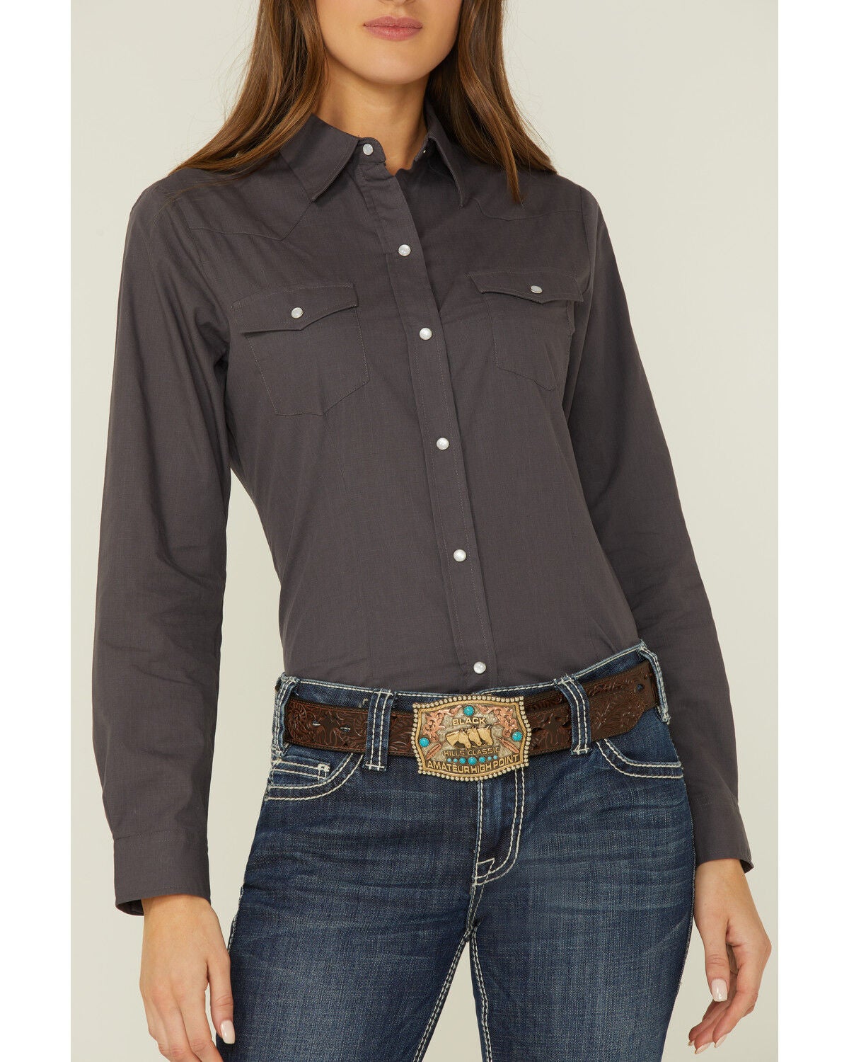 Roper Women's Grey Solid Snap Front 