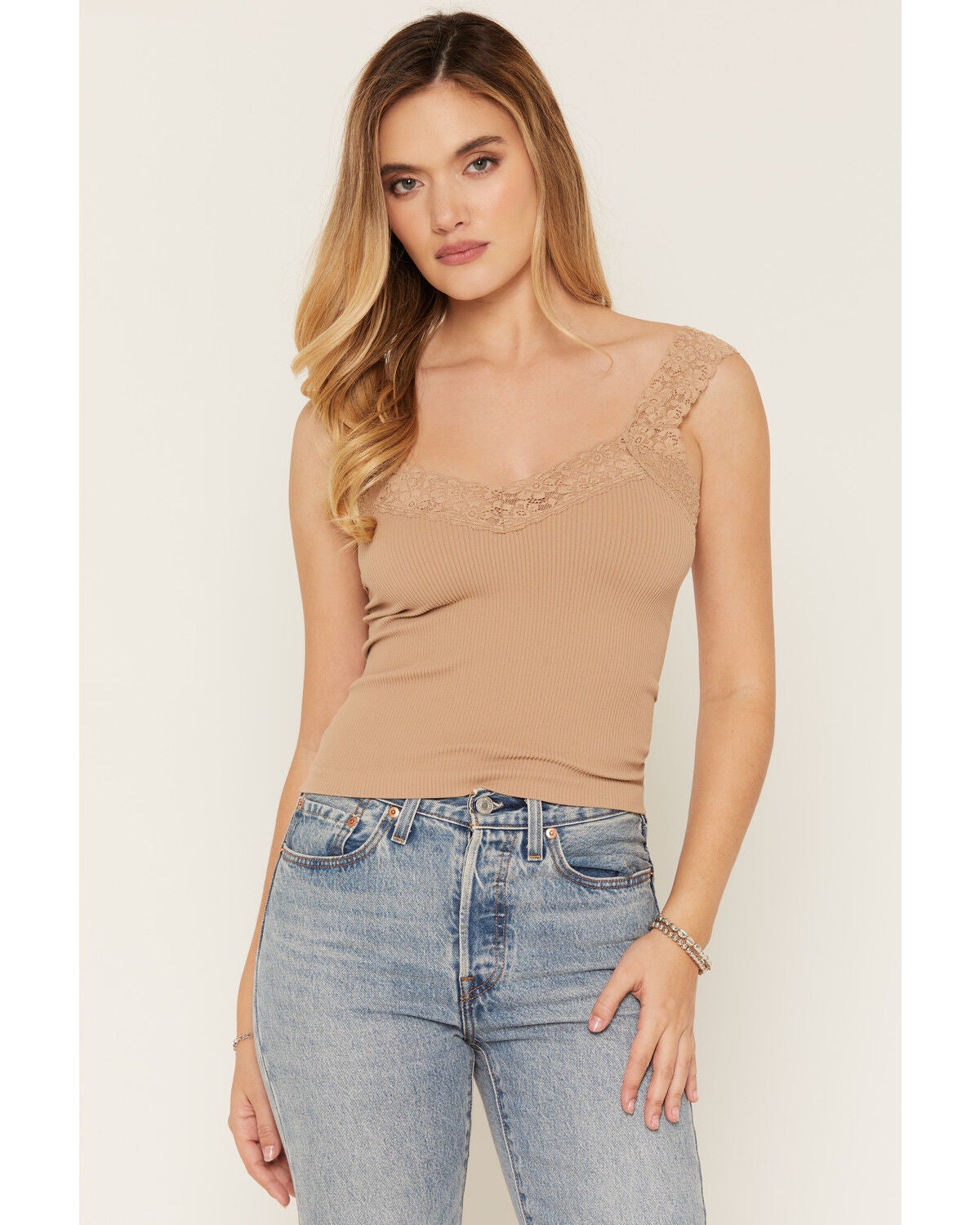 By Together Women's Solid Lace Trim Sleeveless Tank Top, Tan, hi-res