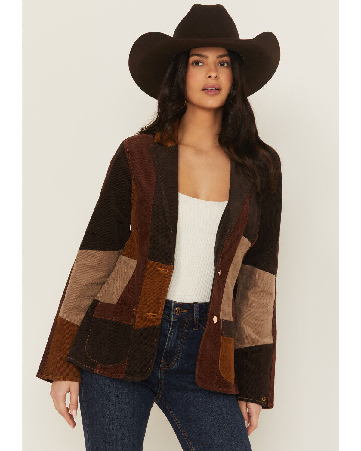 Image #1 - Wrangler X Lainey Wilson Women's Corduroy Patchwork Blazer, Brown, hi-res