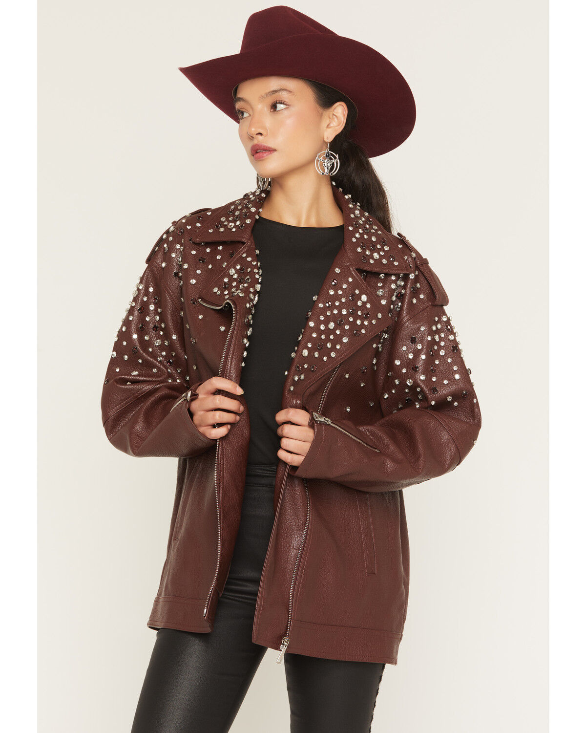 Image #1 - Azalea Wang Women's Catrine Studded Faux Leather Jacket, Burgundy, hi-res