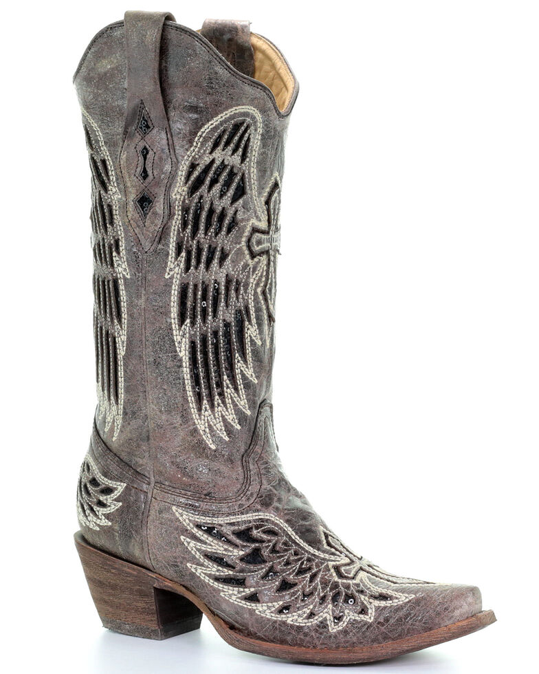 Corral Distressed Black Sequin Cross & Wing Inlay Cowgirl Boots - Snip Toe, Brown, hi-res