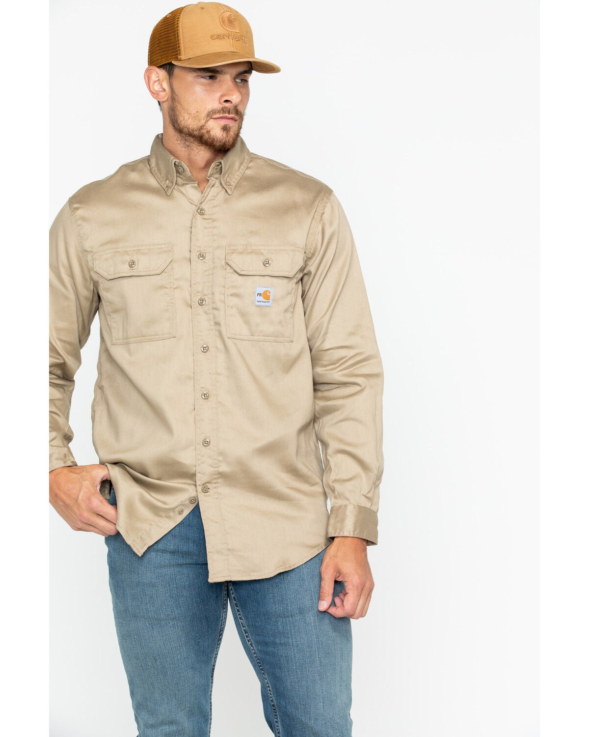 Carhartt Men's FR Solid Twill Long Sleeve Work Shirt, Khaki, hi-res
