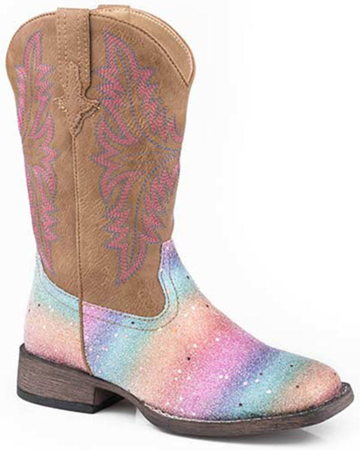 Image #1 - Roper Little Girls' Glitter Rainbow Western Boots - Broad Square Toe, Tan, hi-res