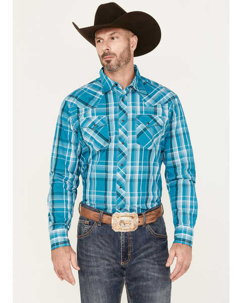 Image #1 - Wrangler Men's Plaid Print Long Sleeve Snap Western Shirt, Teal, hi-res