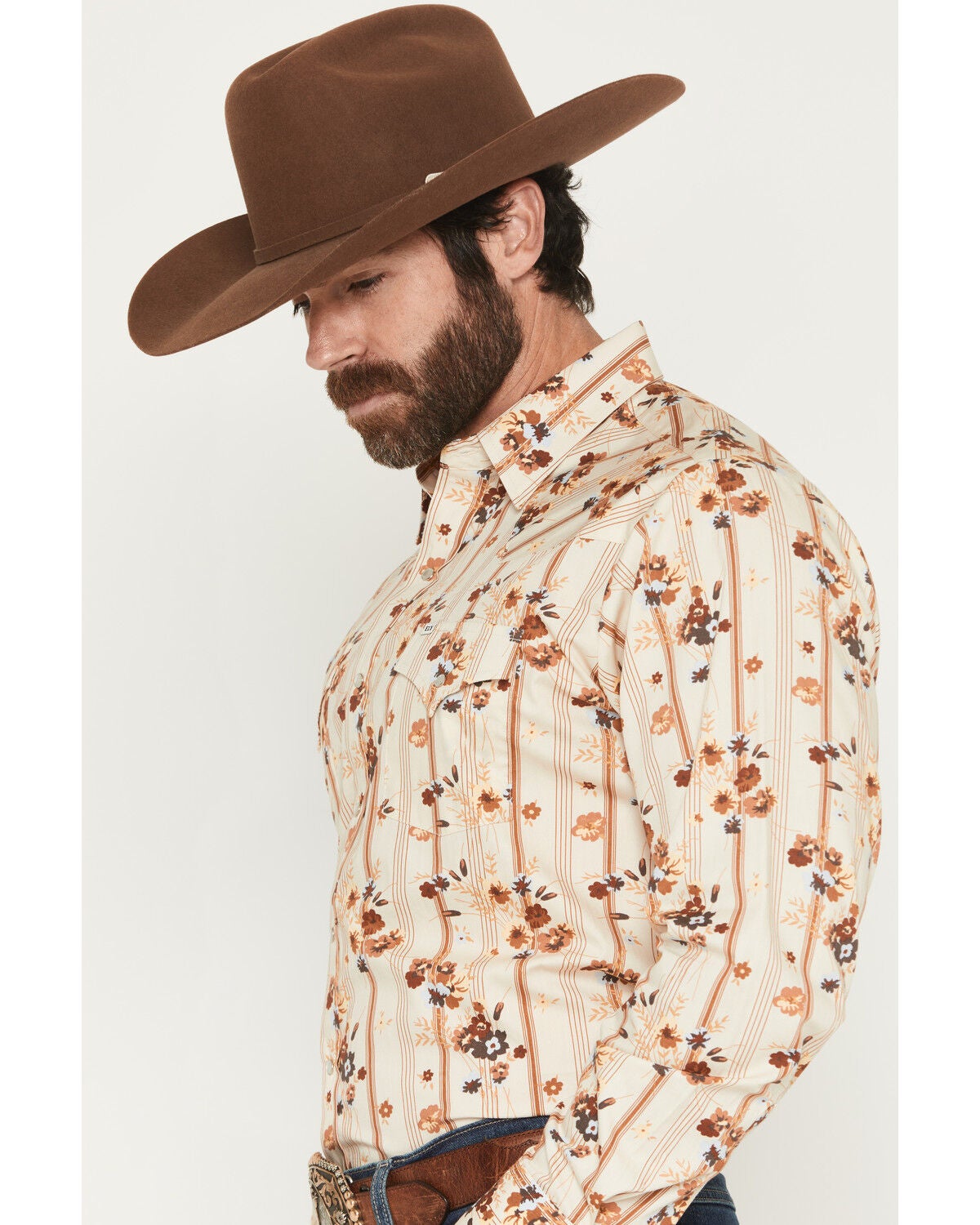 Image #2 - Ely Walker Men's Floral Striped Long Sleeve Pearl Snap Western Shirt, Cream, hi-res