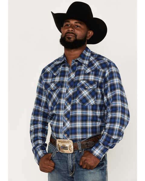 Wrangler Retro Men's Plaid Snap Western Flannel Shirt , Blue, hi-res