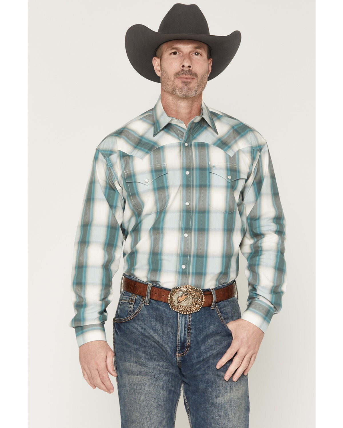 Product Name: Stetson Men's Dobby Plaid Print Long Sleeve Snap Western Shirt